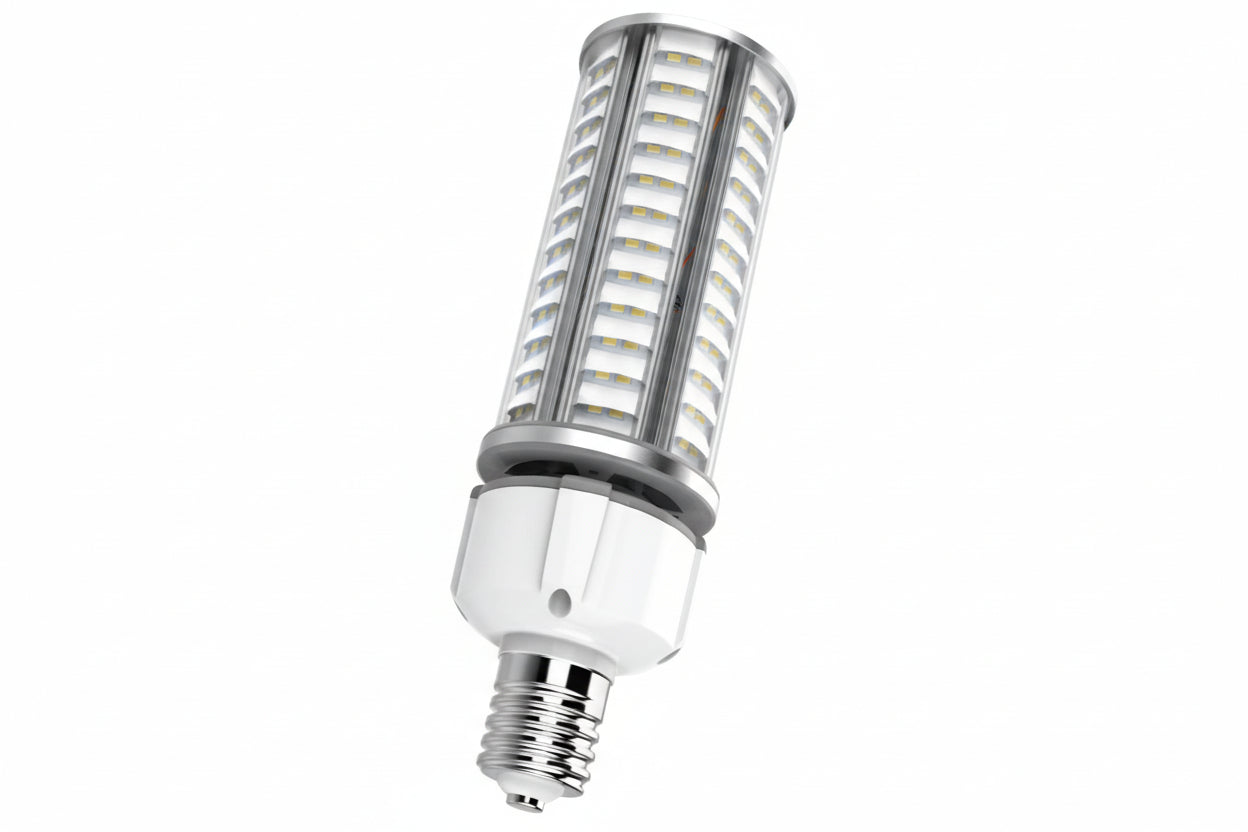 LED corn bulb with metallic design on a white background