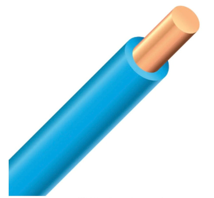 Blue cable with a copper core on a white background