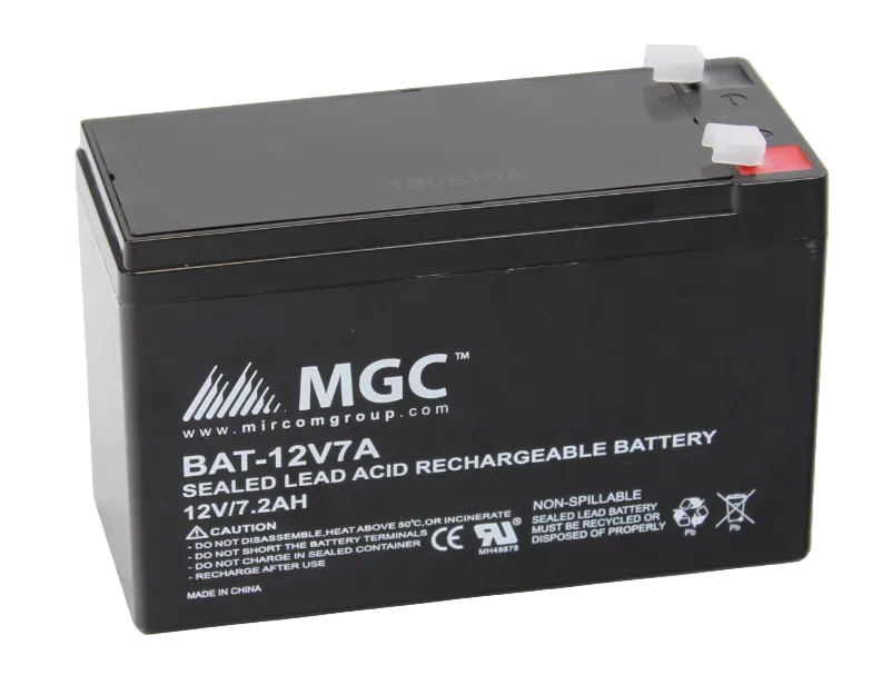 An MGC brand 12V7A sealed lead acid rechargeable battery, shown from a three-quarter angle on a white background.