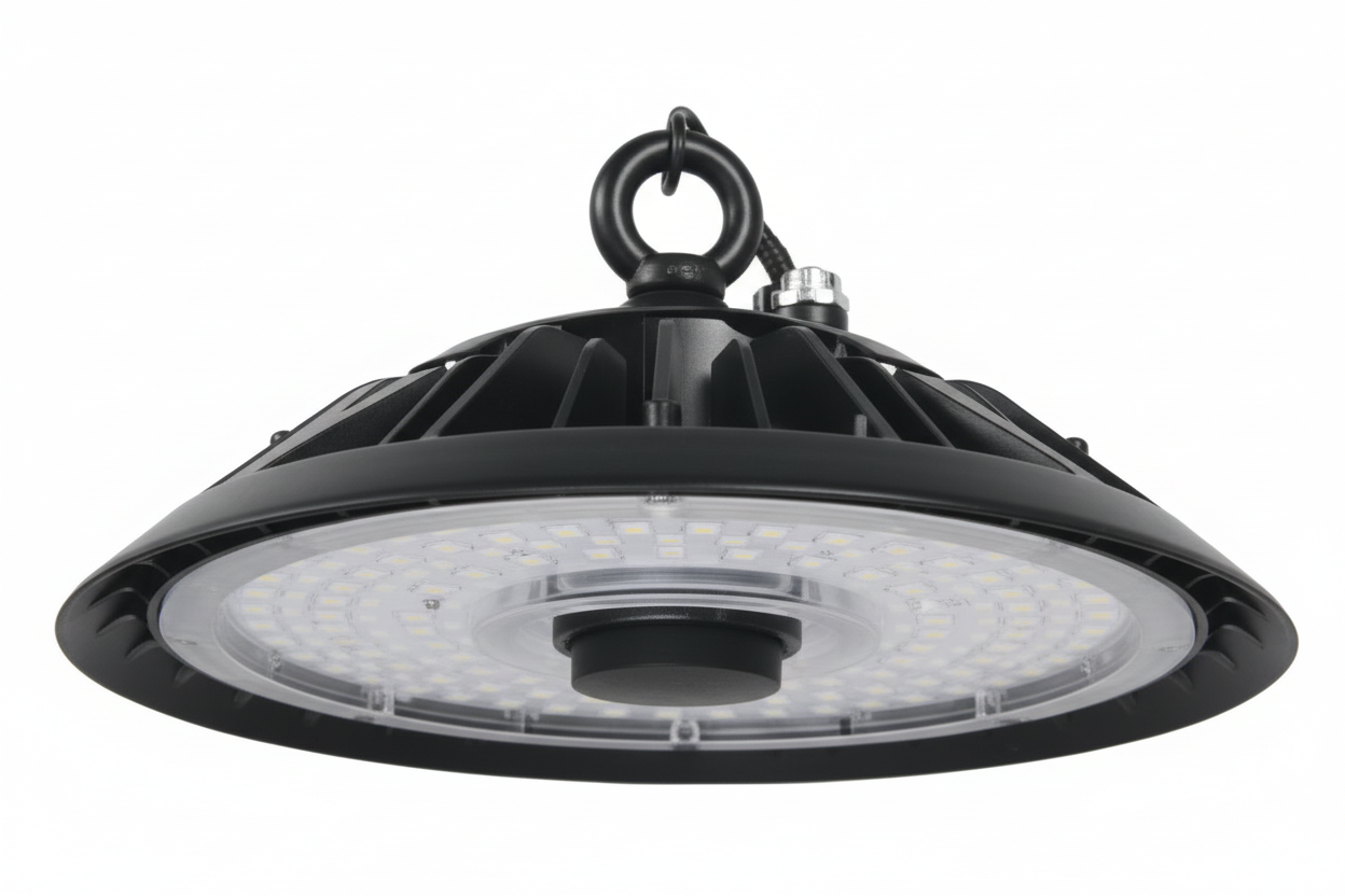 A black, round, high bay LED lighting fixture with a clear cover over the LEDs, designed for industrial or commercial lighting.