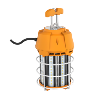 Orange Temporary LED high bay with plug in cord on a white background 